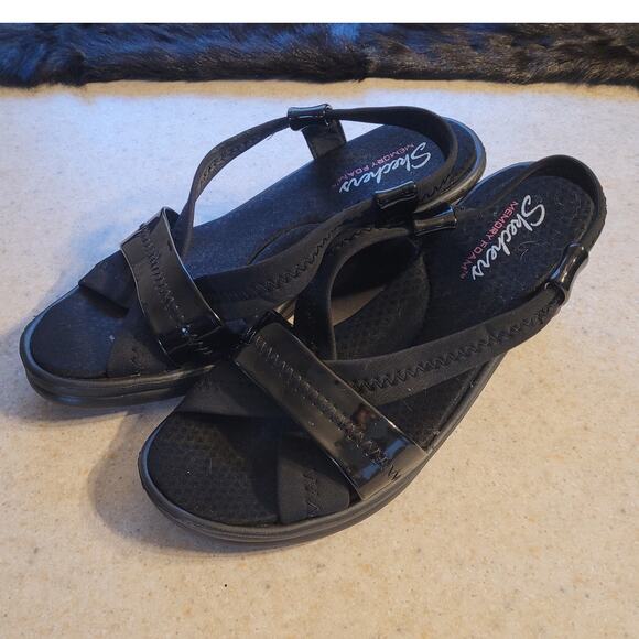 SKECHERS Memory Foam Black Wedge Sandals 10 Comfort Platform Slide Casual Shoe - Picture 6 of 6